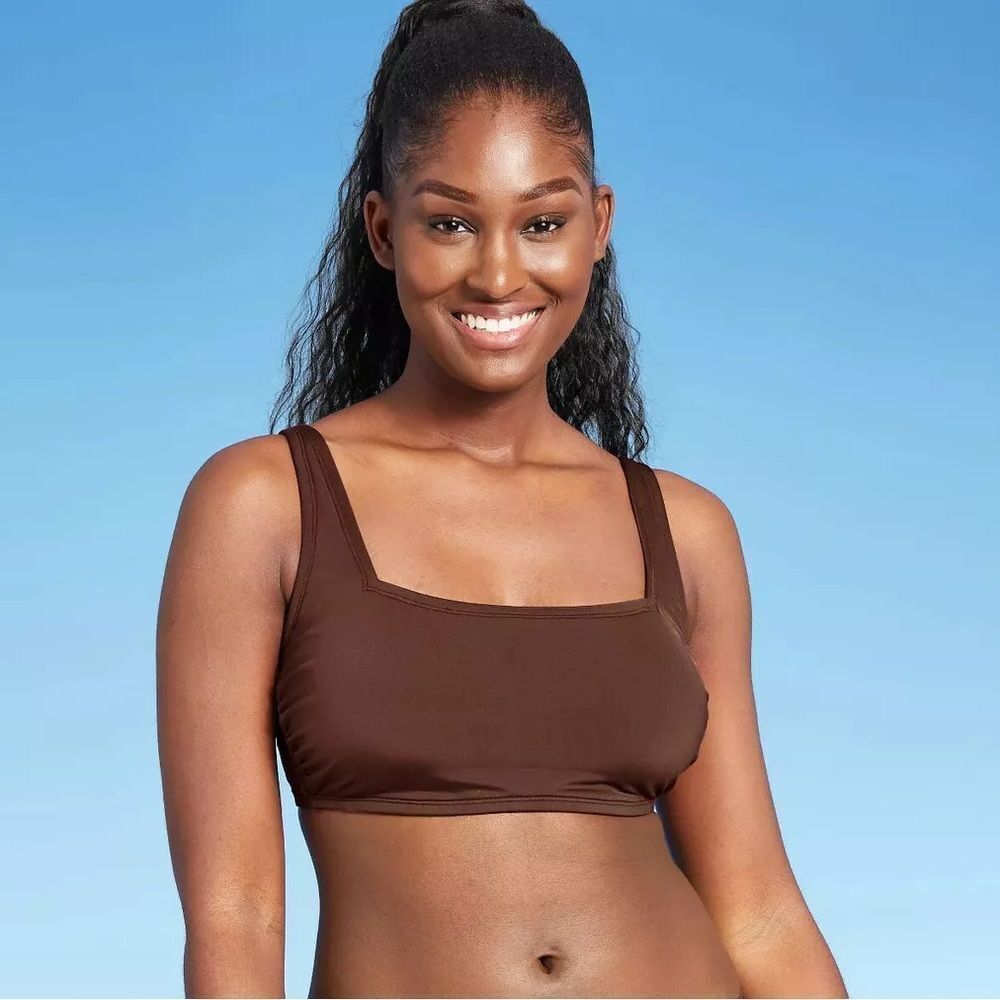Women's Square Neck Over the Shoulder Bikini Top Kona Sol Medium Chocolate Brown